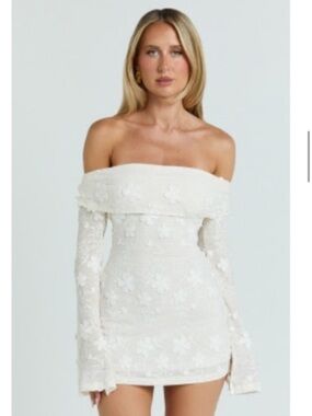 Showpo White Off-Shoulder Floral Lace Long Sleeve Mini Dress -RAYMOND MINI DRESS